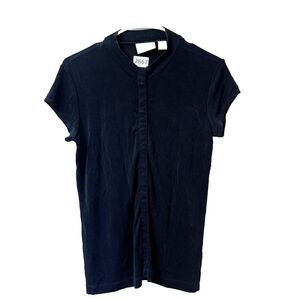 Vtg Chicos Travelers Womens Black Blouse M Slinky Short Sleeve Snap Button Top